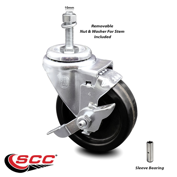 Service Caster 4 Inch Phenolic Wheel Swivel 10mm Threaded Stem Caster with Brake SCC SCC-TS20S414-PHS-TLB-M1015